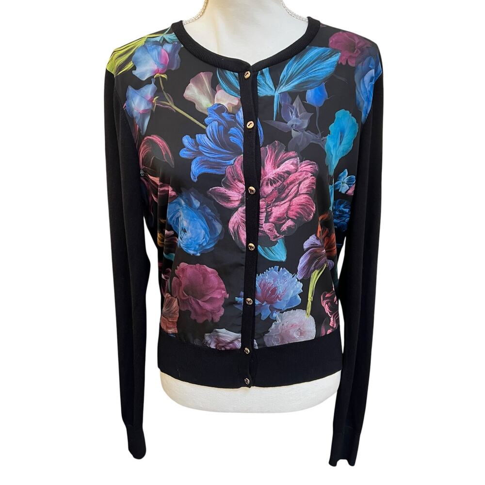 Ted Baker London Floral Cardigan Size 2 US S Black Multicolor Button Front